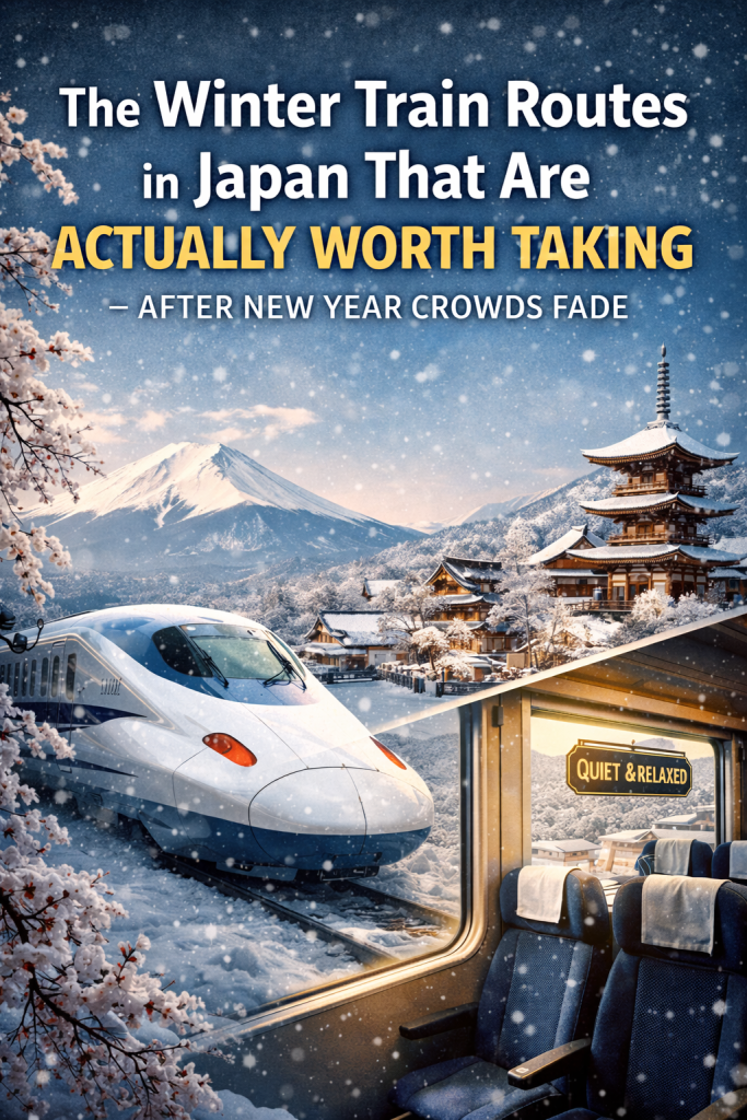 Winter train routes in Japan after New Year showing a Shinkansen traveling through snowy landscapes with Mount Fuji and quiet villages