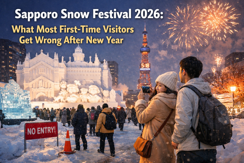 Sapporo Snow Festival at night with large snow sculptures, fireworks, and visitors walking through Odori Park after New Year