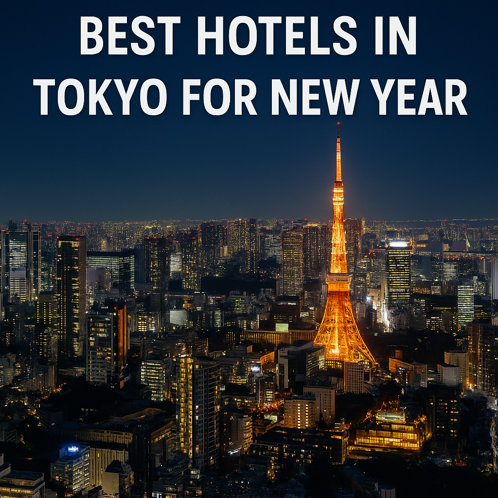 “Night view of Tokyo with Tokyo Tower glowing in warm lights, representing the best hotels in Tokyo for New Year.”