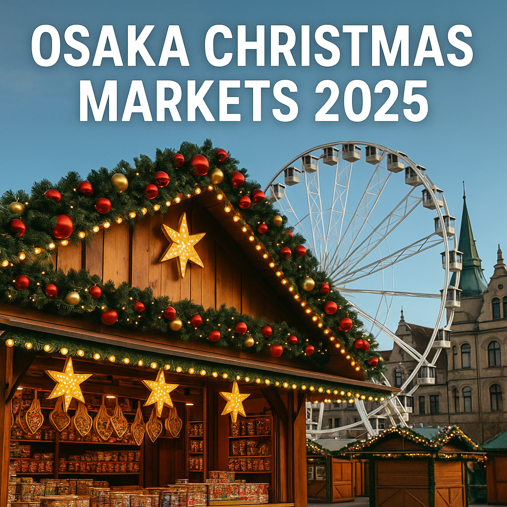 “Festive Christmas market stall in Osaka with Ferris wheel and holiday decorations, Osaka Christmas Markets 2025”