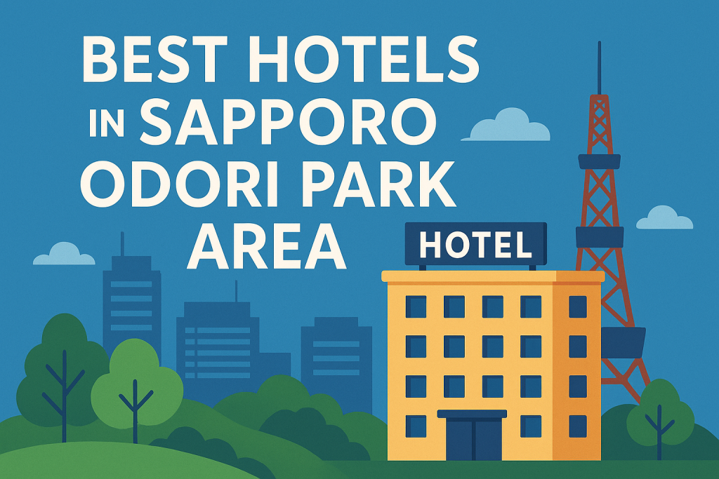 "Illustration of a hotel near Sapporo Odori Park with the Sapporo TV Tower and city skyline in the background, used for the Best Hotels in Sapporo Odori Park Area guide."