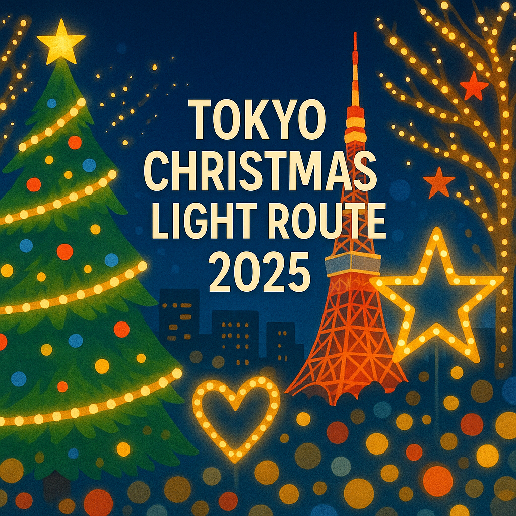 "Illustration of Tokyo Tower and festive Christmas lights with a decorated tree and glowing ornaments, created for the Tokyo Christmas Light Route 2025 guide."