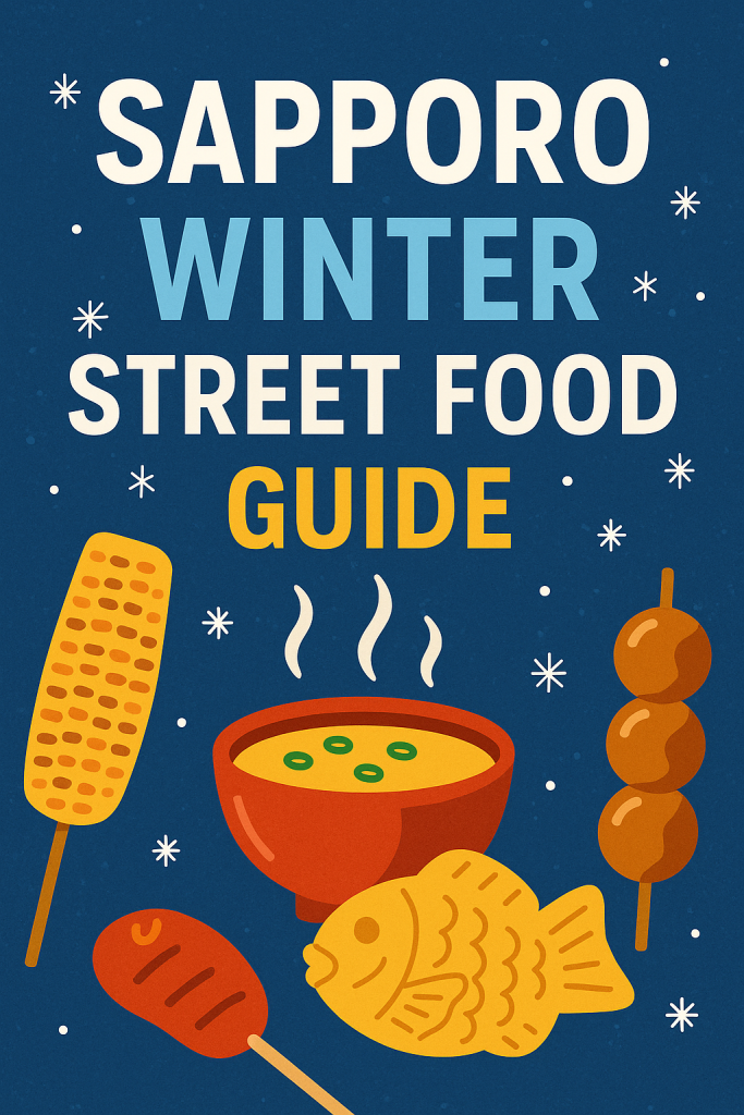 "Illustration of Sapporo winter street food including grilled corn, dango, taiyaki, and hot soup against a snowy blue background, created for the Sapporo Winter Street Food Guide."