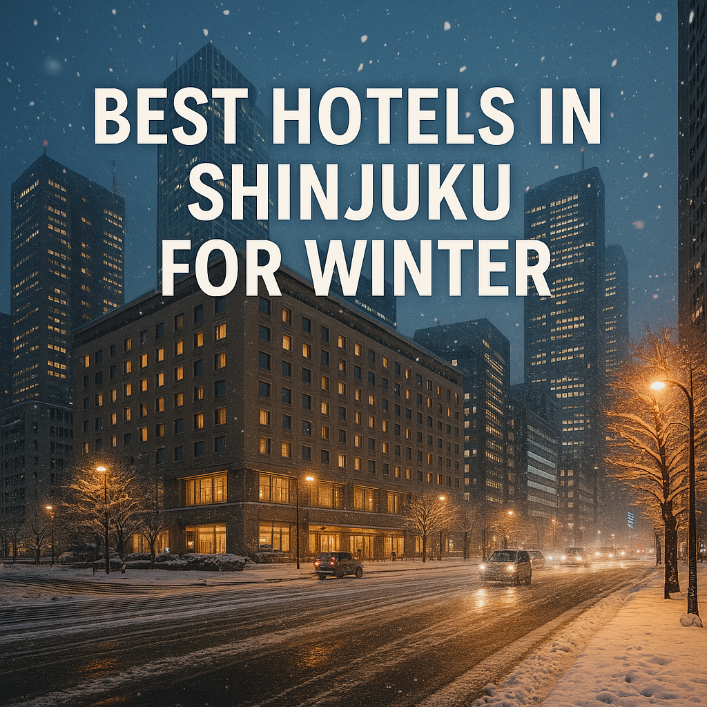 Winter night view of a Shinjuku hotel surrounded by snow, warm streetlights, and tall skyscrapers.