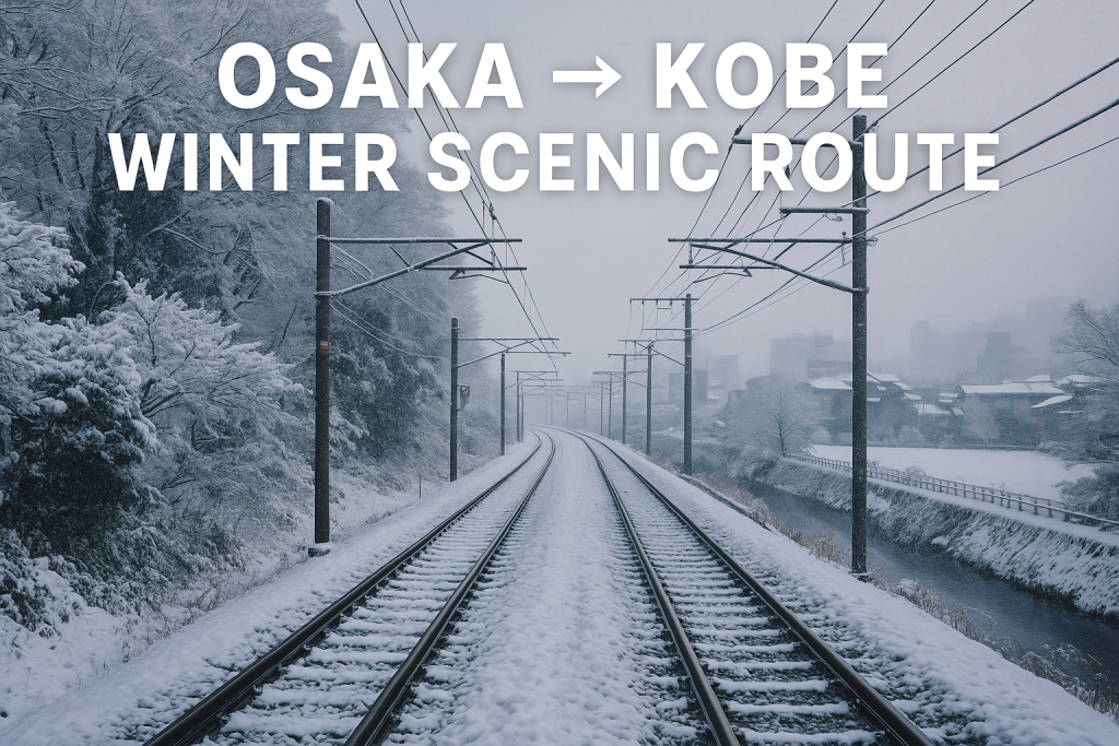 Snow-covered railway tracks between Osaka and Kobe on a winter morning, surrounded by trees and misty city views.
