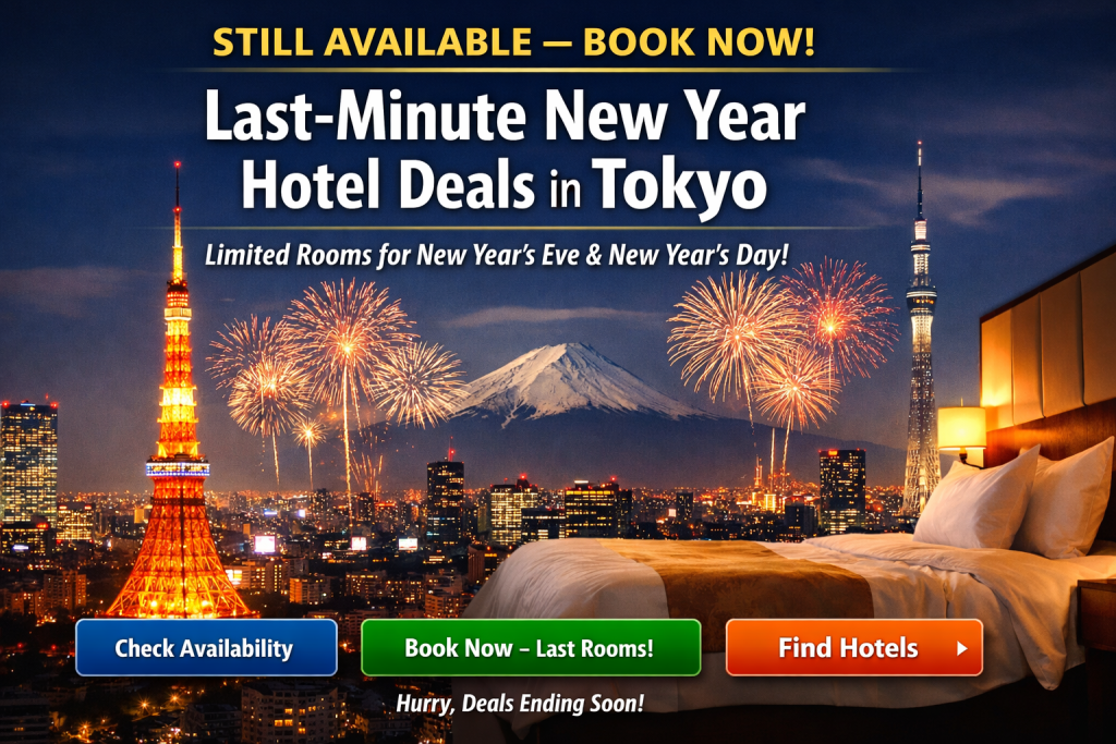 Last-minute New Year hotel deals in Tokyo with skyline, fireworks, Tokyo Tower and Skytree, showcasing hotels still available for booking