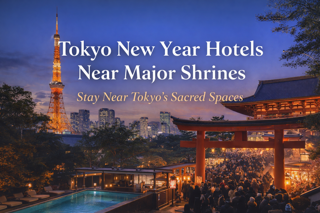 Tokyo New Year hotels near major shrines with torii gate and Tokyo Tower at night