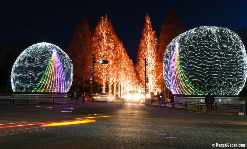 Kyoto Christmas illuminations near hotels with winter night lights