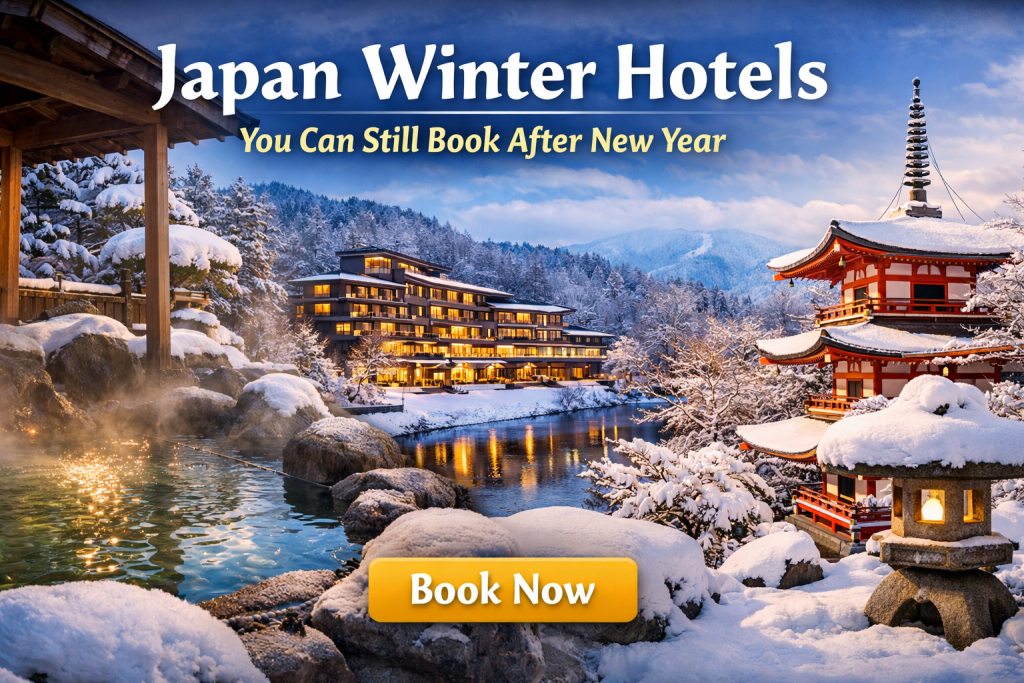 Snowy winter scene in Japan featuring a luxury hotel, outdoor onsen, and traditional temple, representing Japan winter hotels you can still book after New Year 2026