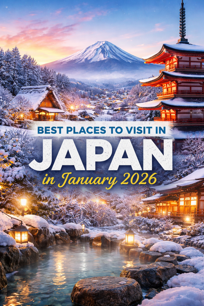 Winter scenery in Japan featuring Mount Fuji, a traditional pagoda, snowy village, and outdoor onsen, representing the best places to visit in Japan in January 2026