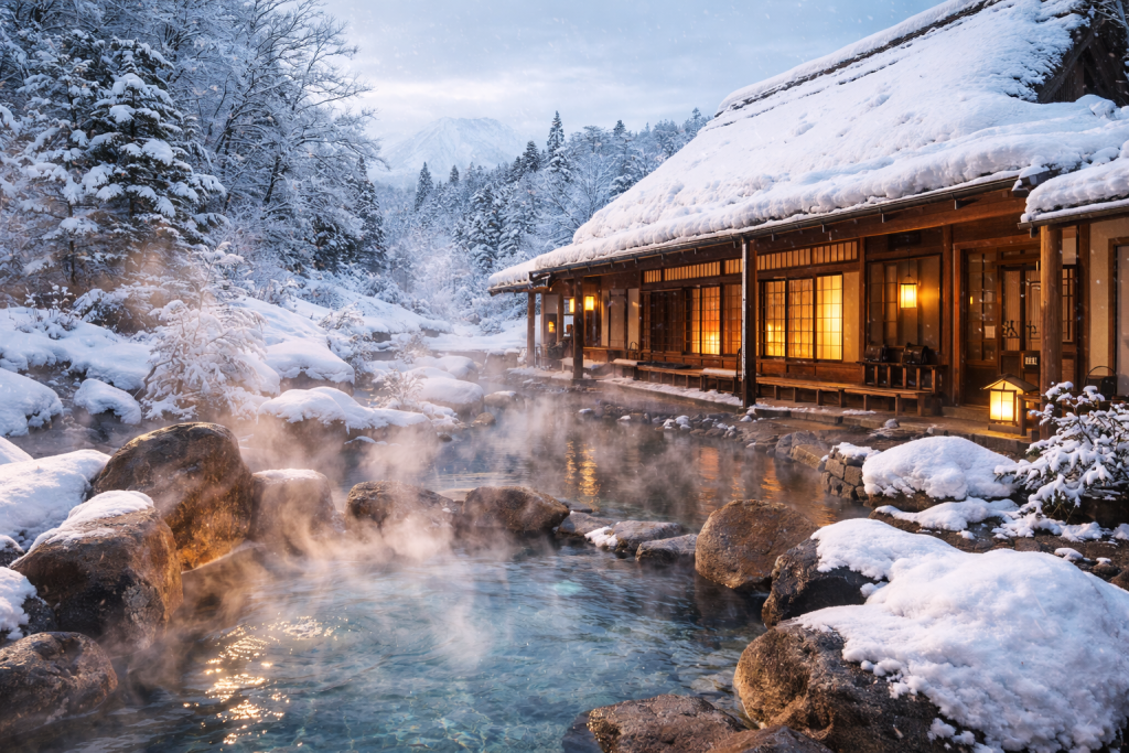 Traditional Japanese onsen ryokan in winter with snowy outdoor hot spring