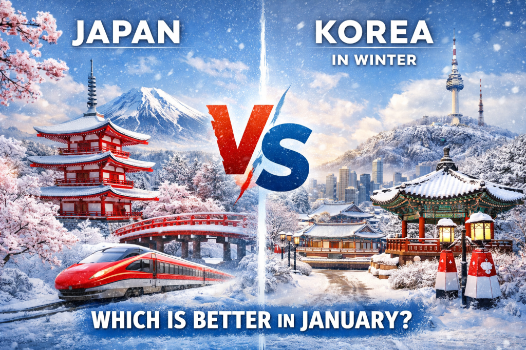 Japan vs Korea in winter comparison featuring snowy Mount Fuji, a traditional Japanese pagoda, Gyeongbokgung Palace, and Seoul city skyline in January