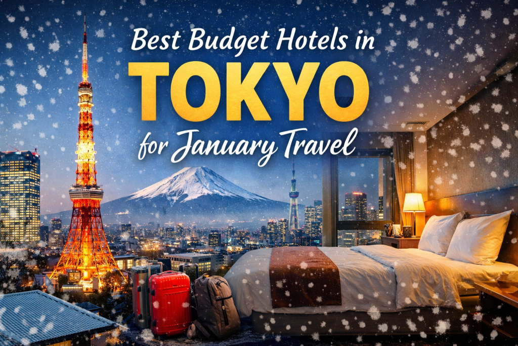 Best budget hotels in Tokyo for January travel featuring Tokyo skyline, Tokyo Tower, Mount Fuji, and a cozy hotel room in winter