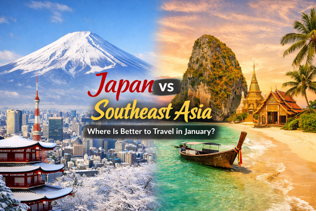 A split travel comparison image showing Japan in winter with snow-covered Mount Fuji, Tokyo skyline, and a traditional pagoda on one side, and Southeast Asia on the other with a tropical beach, turquoise water, palm trees, limestone cliffs, and a Buddhist temple under a warm sunset.