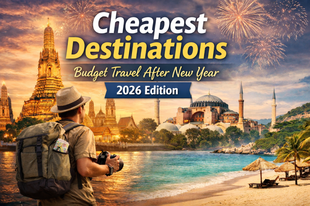A budget travel themed illustration showing a backpacker overlooking iconic global landmarks and tropical beaches with fireworks in the background, representing the cheapest destinations to travel after New Year in 2026.