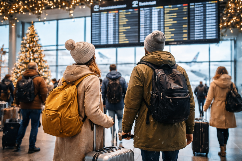 Travelers at an airport preparing for a post-New-Year trip during the off-peak travel season