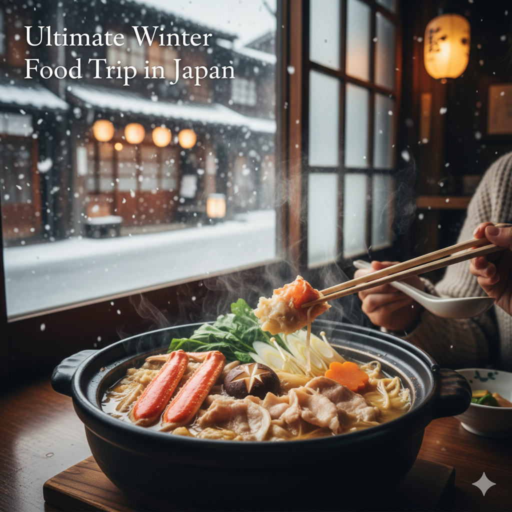 A steaming Japanese hot pot (Nabe) on a wooden table with a snowy winter street view through a window, representing a winter food trip in Japan.