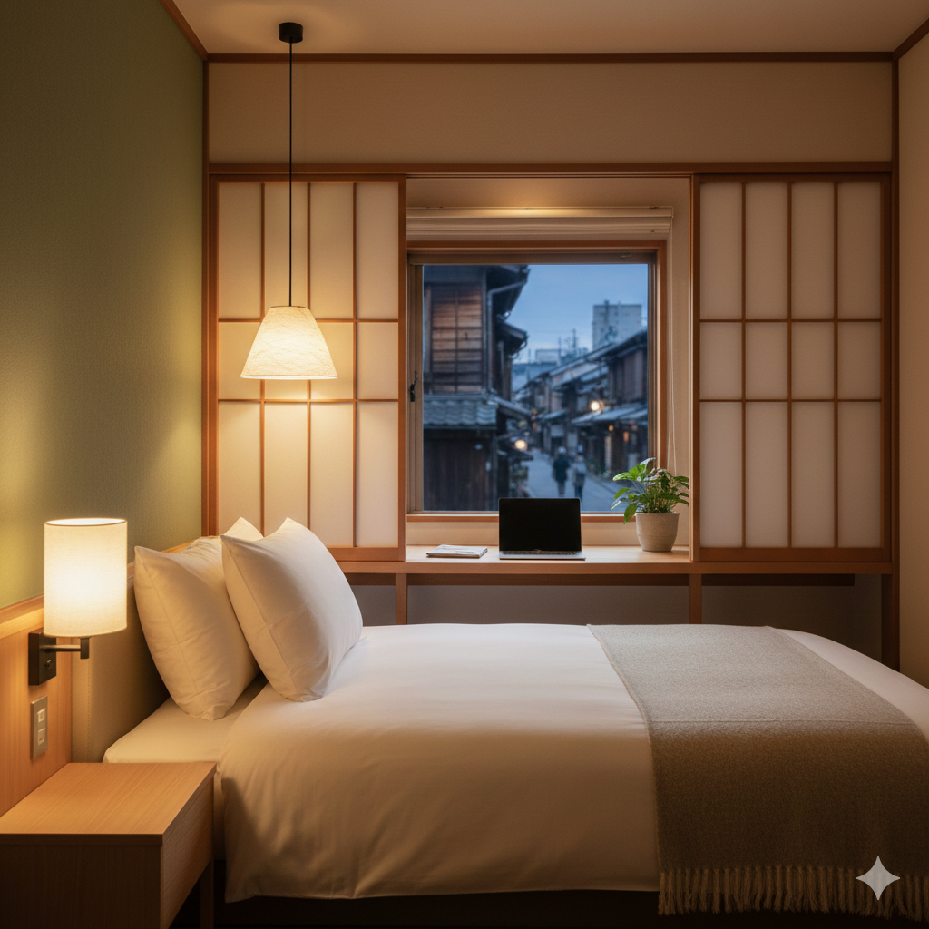 cozy and modern budget hotel room in Kyoto with a traditional street view through the window, perfect for 2026 travelers.