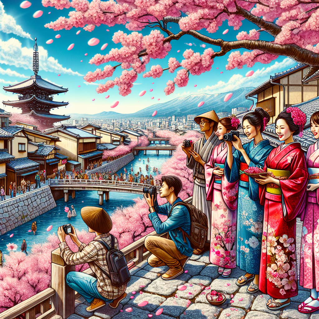 Cherry blossoms in a scenic Kyoto town during spring, showcasing traditional Japanese culture and vibrant festivities.