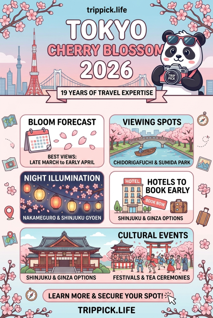 Infographic of 2026 Tokyo Cherry Blossom forecast featuring Tokyo Tower, cherry blossoms, and a travel panda. Includes sections for bloom dates, viewing spots like Chidorigafuchi, and hotel booking tips.