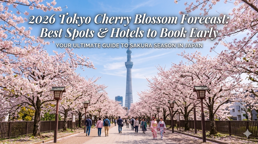 2026 Tokyo cherry blossom forecast with Skytree background and Sakura trees, promoting best viewing spots and hotel booking.