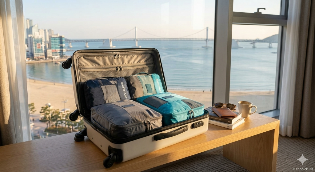 BAGSMART compression packing cubes review 2026 update, organized inside a suitcase in a Busan hotel room with sea view.