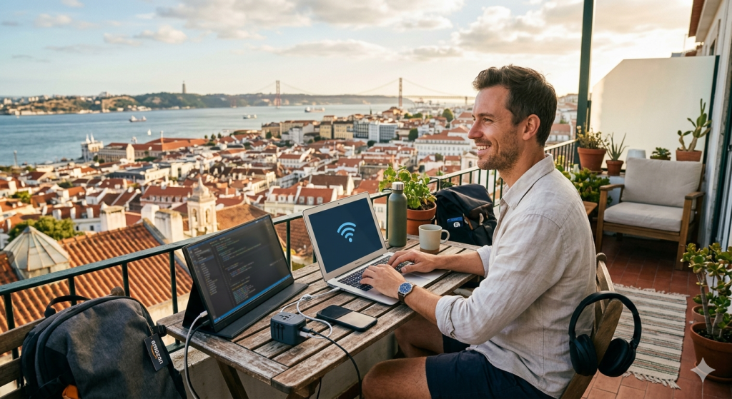A male digital nomad working on a terrace in Lisbon with a laptop, portable monitor, noise-canceling headphones, and a universal travel adapter, overlooking the city and ocean in 2026.