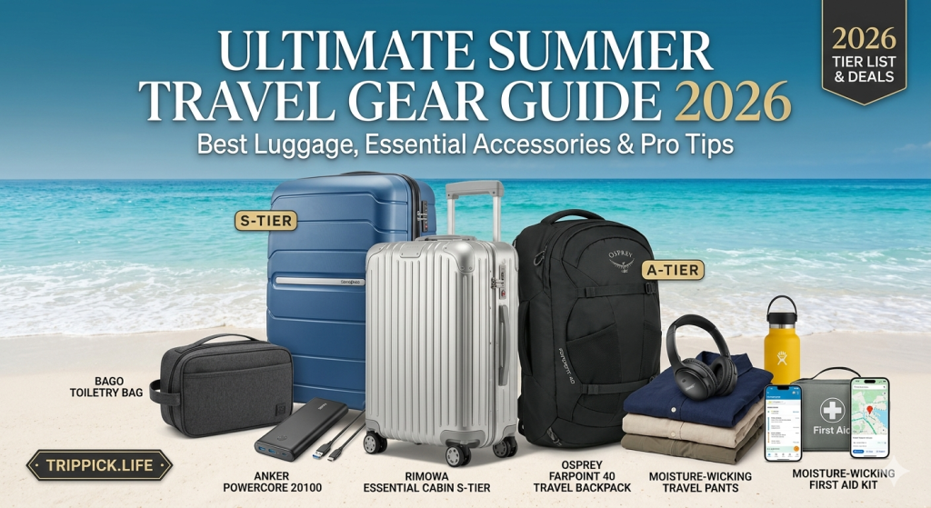 A professional summer travel gear display on a beach background featuring Rimowa and Samsonite suitcases, Osprey backpack, Anker power bank, and travel accessories for a 2026 vacation tier list.