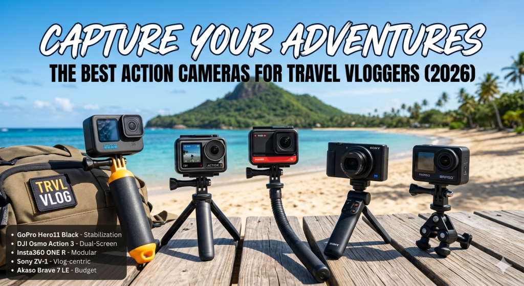 Five different action cameras including GoPro, DJI, Insta360, Sony, and Akaso arranged on a wooden table at a sunny tropical beach for travel vlogging.