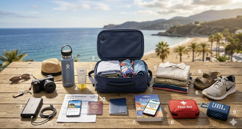 Flat lay of 10 essential items for a 2026 summer vacation, including a travel backpack, portable charger, first aid kit, and tech gear on a wooden table with an ocean view.