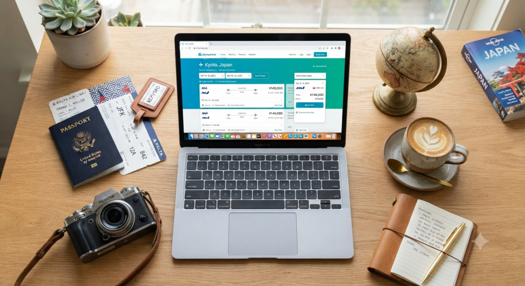 Flatlay of a travel planner setup on a wooden desk featuring a laptop with flight search, passport, camera, globe, and coffee for booking cheap flights and hotels.